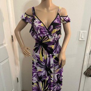 Purple Yellow Black Floral Fit & Flare Midi Sundress Silk Blend Size XL